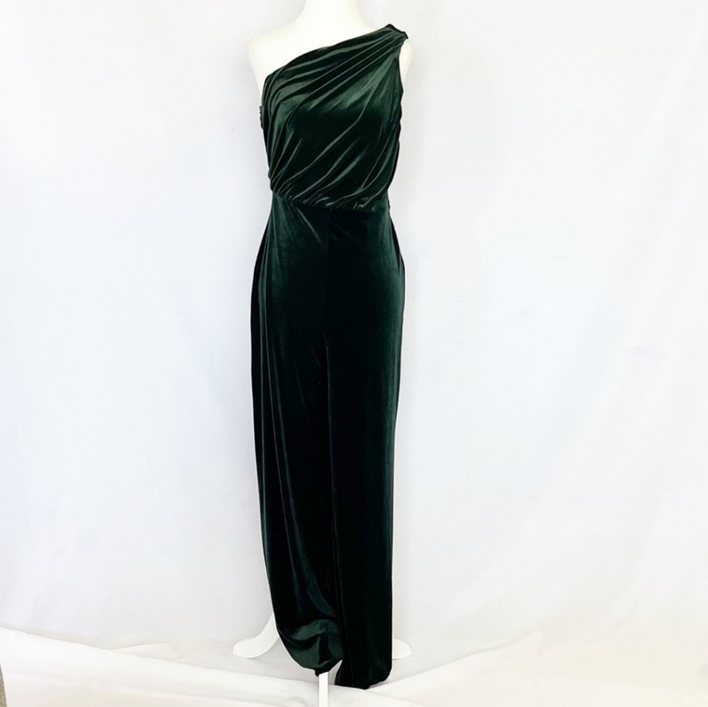 Express Velvet One Shoulder Ruched Wide Leg Jumpsuit Dark Green XSMALL